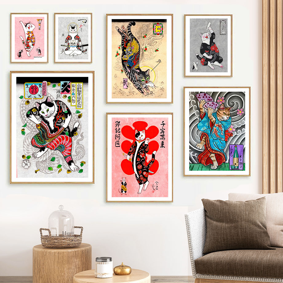 Japanese Traditional Lifestyle - Japanese Samurai Cat Wall Art Ukiyo-e
